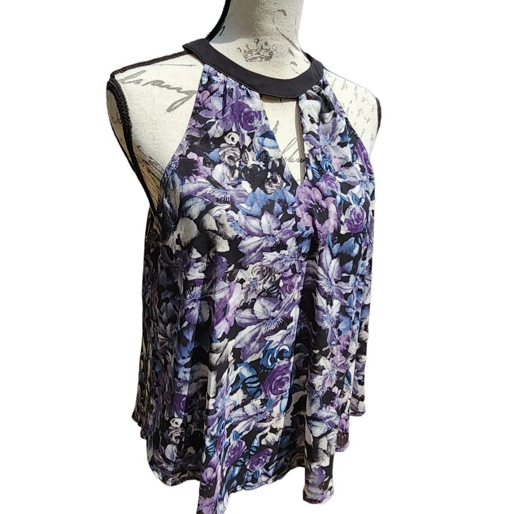 Astr -214 High neck floral sleeveless blouse grey purple Y2K Medium - Picture 2 of 8